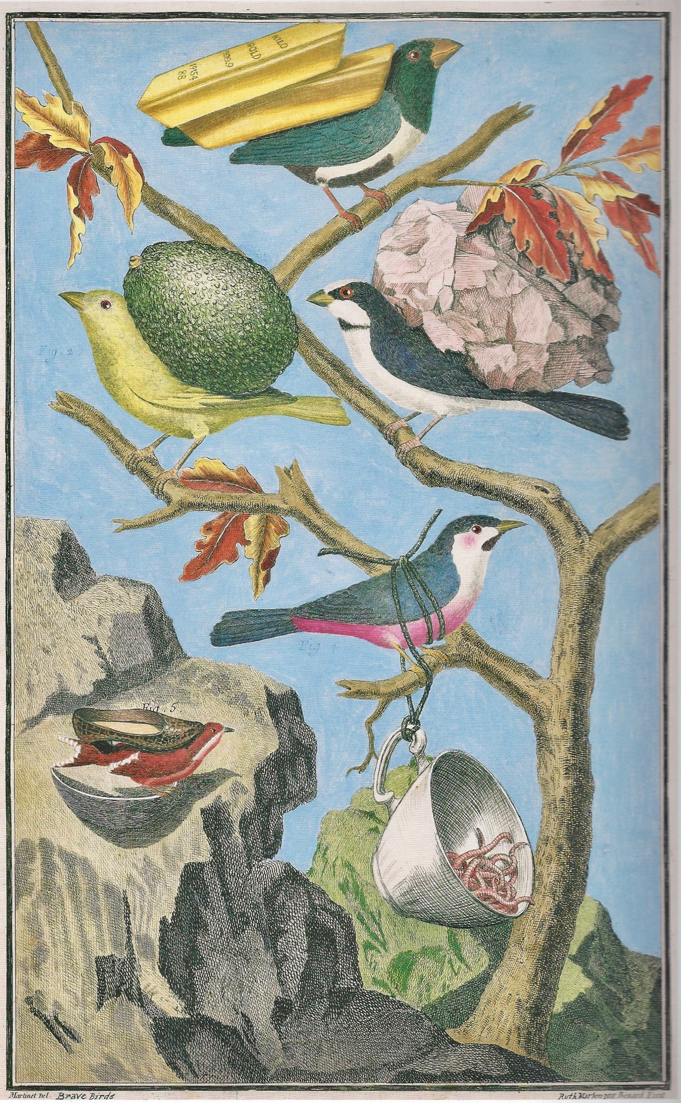 Ruth Marten Brave Birds (2011), Watercolor and Gouache on 18th Century Print, 33,6 x 20,7 cm